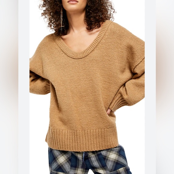 FREE PEOPLE Brookside oversized sweater tunic size large L camel tan - Picture 2 of 10